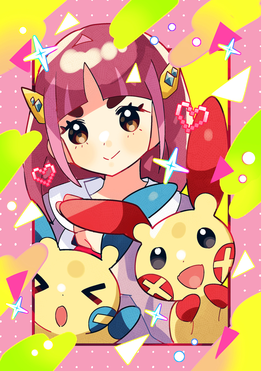 &gt;_&lt; 1girl :d :o anidler91 arched_bangs brown_eyes closed_mouth eyelashes gen_3_pokemon hair_ornament hairclip heart highres lacey_(pokemon) looking_at_viewer minun nintendo open_mouth pink_hair plusle pokemon pokemon_(creature) pokemon_sv smile upper_body