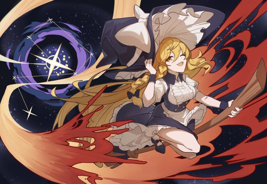 1girl absurdres apron blonde_hair bow braid broom broom_riding chinese_commentary commentary_request devilkillerx hair_bow hair_tubes hat hat_bow highres kirisame_marisa side_braid single_braid solo star_(sky) touhou touhou_lost_branch_of_legend waist_apron white_bow witch_hat yellow_eyes