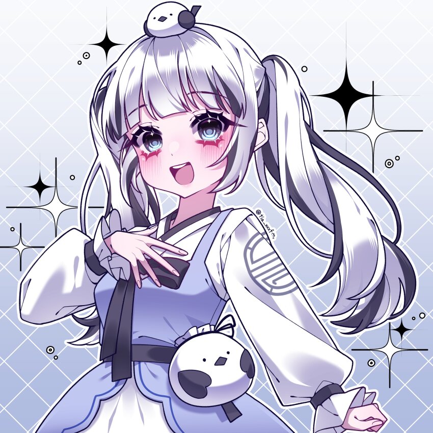 +_+ 1girl 2omong 2omong_(1st_costume) absurdres animal animal_on_head argyle_background bathroom bird bird_on_head blush brick_floor brick_wall chain-link_fence checkered_background constellation diffraction_spikes fence glint grey_hair hanbok hexagon highres honeycomb_(pattern) indie_virtual_youtuber korean_clothes long_hair meechu on_head open_mouth plaid_background silk solo sparkle sparkle_background sparkling_eyes spider_web stone_wall tears teeth tia_xxxf tile_floor tile_wall tiles virtual_youtuber