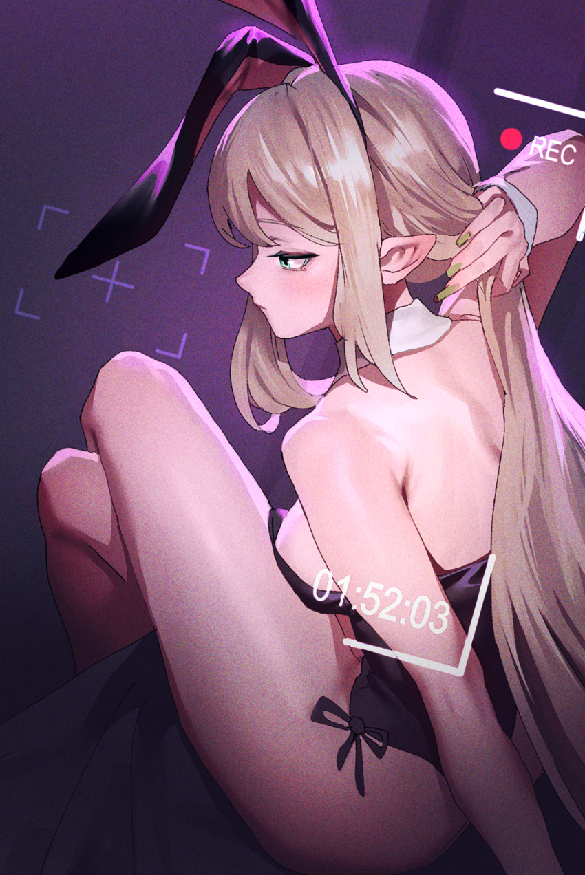 1girl adjusting_hair amelia_(trickcal) animal_ears armpit_crease bare_legs bare_shoulders black_leotard blonde_hair breasts crossed_legs detached_collar fake_animal_ears goofy_(goldgoofy357) green_eyes green_nails highleg highleg_leotard highres leotard long_hair parted_bangs playboy_bunny pointy_ears sideboob sidelocks sitting solo trickcal very_long_hair viewfinder wrist_cuffs