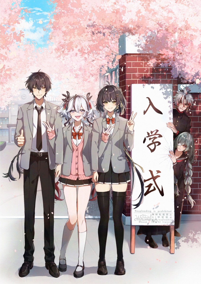 2boys 3girls alternate_costume bandage_over_one_eye black_eyes black_flower black_hair black_necktie black_pants black_serafuku black_shoes black_skirt black_thighhighs blake_bloom_(wuthering_waves) bow bowtie camellya_(wuthering_waves) cardigan cherry_blossoms collared_shirt colored_inner_hair commentary_request double_v dual_persona female_rover_(wuthering_waves) flower grey_hair grey_jacket hair_flower hair_ornament hair_ribbon hair_vines haruna_(hrnrnh) highres jacket loafers locked_arms long_skirt looking_at_another looking_at_viewer male_rover_(wuthering_waves) multicolored_hair multiple_boys multiple_girls necktie open_mouth outdoors pants phrolova_(wuthering_waves) pink_cardigan pout red_bow red_bowtie red_hair red_pupils ribbon rover_(wuthering_waves) scar_(wuthering_waves) school school_uniform serafuku shirt shoes short_hair short_twintails skirt smile socks streaked_hair thighhighs thighs thumbs_up twintails v white_hair white_shirt white_socks wuthering_waves yellow_eyes yellow_ribbon zettai_ryouiki