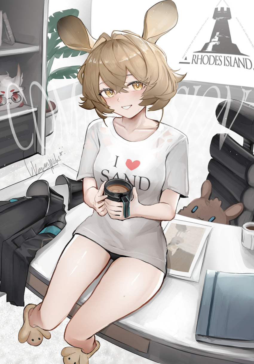 1girl absurdres alternate_costume animal_ears arknights bare_legs black_jacket brown_hair chair coffee_mug collarbone commentary commission crossed_bangs cup dorothy_(arknights) english_commentary hair_between_eyes highres holding holding_cup jacket looking_at_viewer mouse_ears mouse_girl mug office_chair plant potted_plant rhodes_island_logo_(arknights) shirt short_hair short_sleeves signature sitting sitting_on_table smile solo stuffed_animal stuffed_rabbit stuffed_toy swivel_chair wawamachi white_shirt yellow_eyes