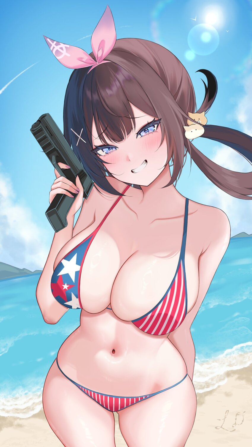 1girl absurdres ayamy_(vtuber) bare_shoulders beach bikini blue_bikini blue_eyes blue_sky blush breasts brown_hair cleavage cloud cloudy_sky collarbone commentary day english_commentary fingernails grin gun hair_ribbon hair_rings highres holding holding_gun holding_weapon indie_virtual_youtuber large_breasts leon_decarabia long_hair looking_at_viewer multicolored_bikini nail_polish navel outdoors pink_hair pink_nails red_bikini ribbon sand single_hair_ring sky smile solo stomach striped_bikini striped_clothes swimsuit thighs two-tone_bikini vertical-striped_bikini vertical-striped_clothes virtual_youtuber weapon