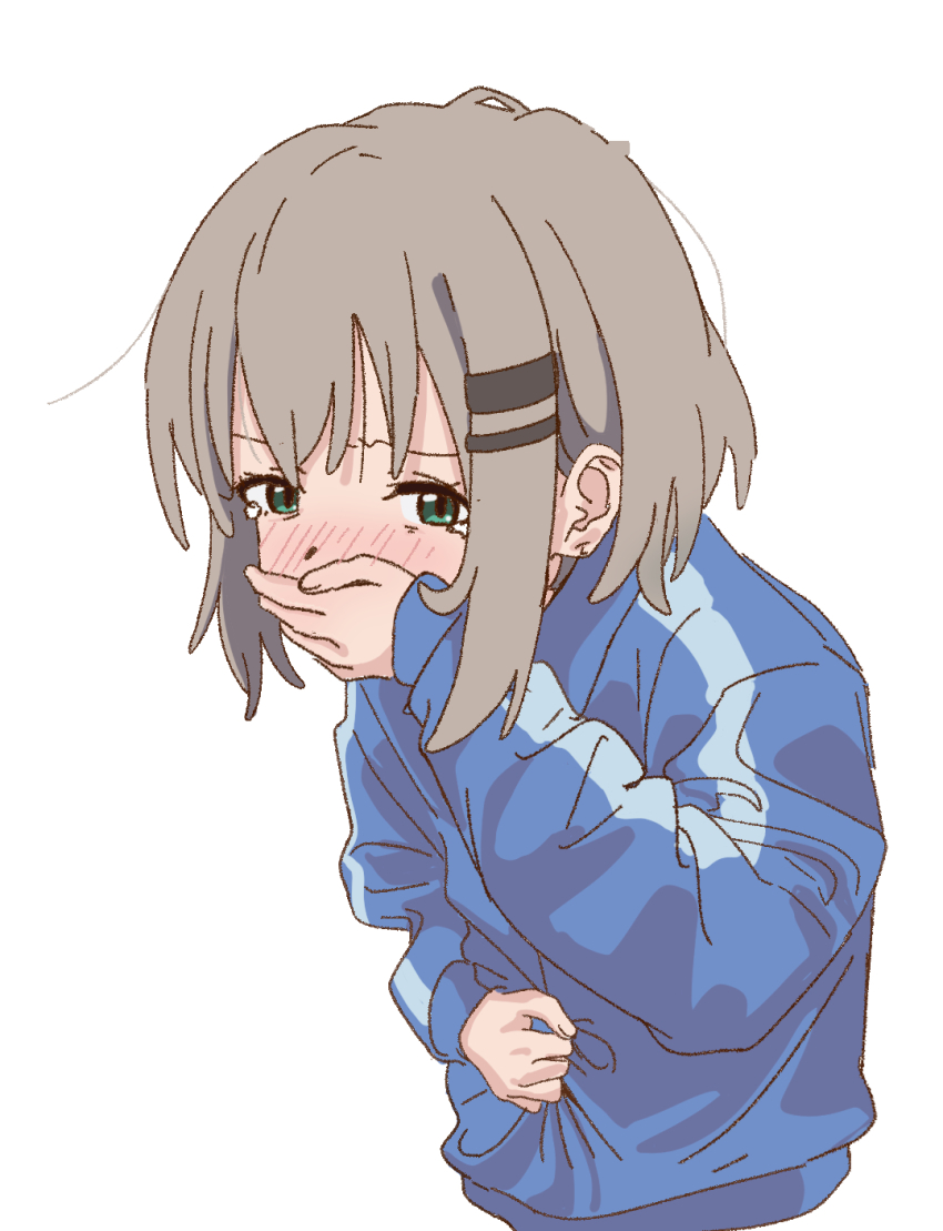 1girl blue_jacket blush covering_own_mouth cropped_torso doublep0ints furrowed_brow green_eyes hair_ornament hairclip hand_on_own_stomach hand_over_own_mouth hand_up highres imminent_vomiting jacket leaning_forward light_brown_hair long_sleeves looking_at_viewer medium_hair nausea nose_blush sidelocks simple_background solo tearing_up track_jacket white_background yama_no_susume yukimura_aoi