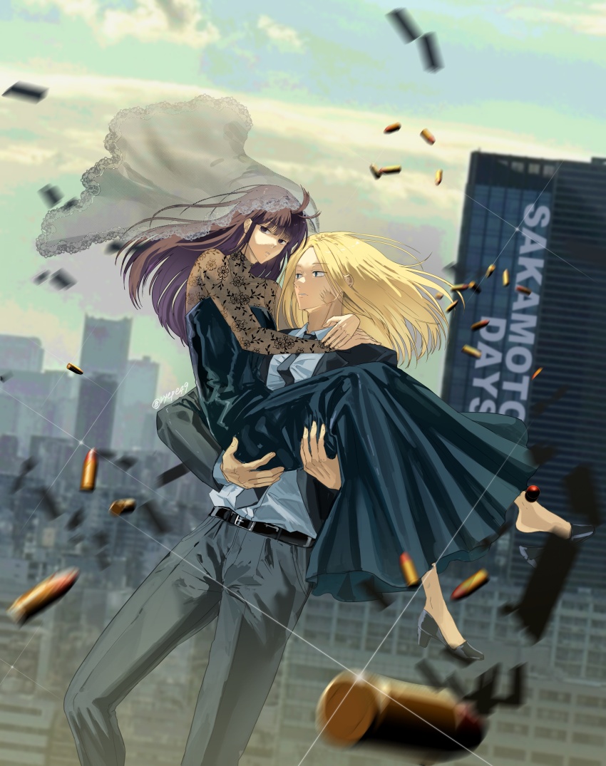 1boy 1girl absurdres black_dress black_hair blonde_hair couple dress fishnet_dress fishnet_sleeves fishnets formal_clothes highres lace_dress long_hair osaragi_(sakamoto_days) patterned_clothing ryepe sakamoto_days shishiba_(sakamoto_days) suit