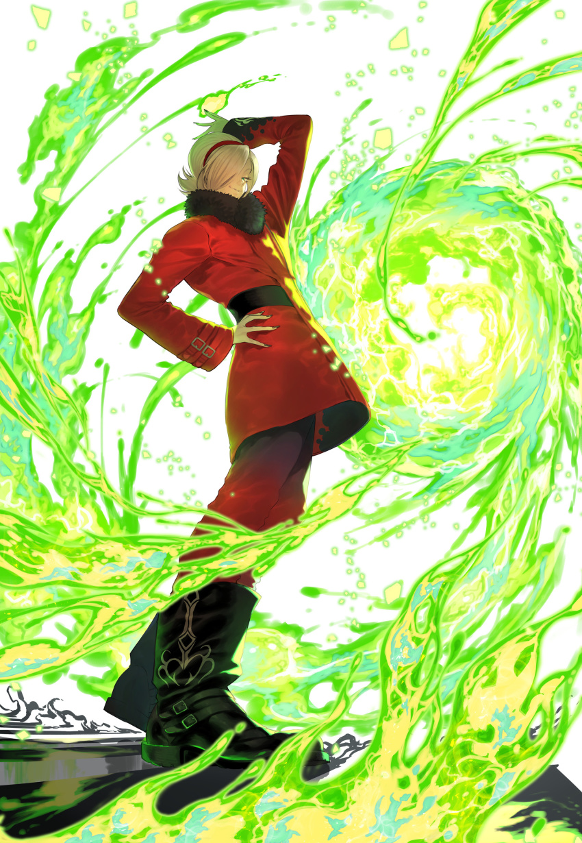 1boy absurdres ash_crimson azuma_kyoutarou_(artist) black_boots boots fire full_body green_fire hand_on_own_hip highres official_art pyrokinesis solo the_king_of_fighters the_king_of_fighters_xv white_background white_hair