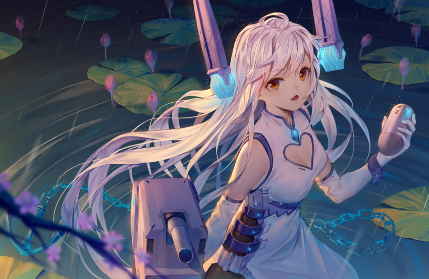 1girl ahoge anchor bare_shoulders blurry blurry_foreground branch breasts brown_eyes cannon chain clothing_cutout commentary_request depth_of_field dress elbow_gloves fang female_focus flower gloves glowing hand_up headgear heart_cutout holding ji_dao_ji le_fantasque_(warship_girls_r) lily_pad long_hair looking_at_viewer machinery open_mouth pink_flower rain ripples ship_turret silver_hair sleeveless sleeveless_dress small_breasts solo very_long_hair warship_girls_r water white_dress white_gloves