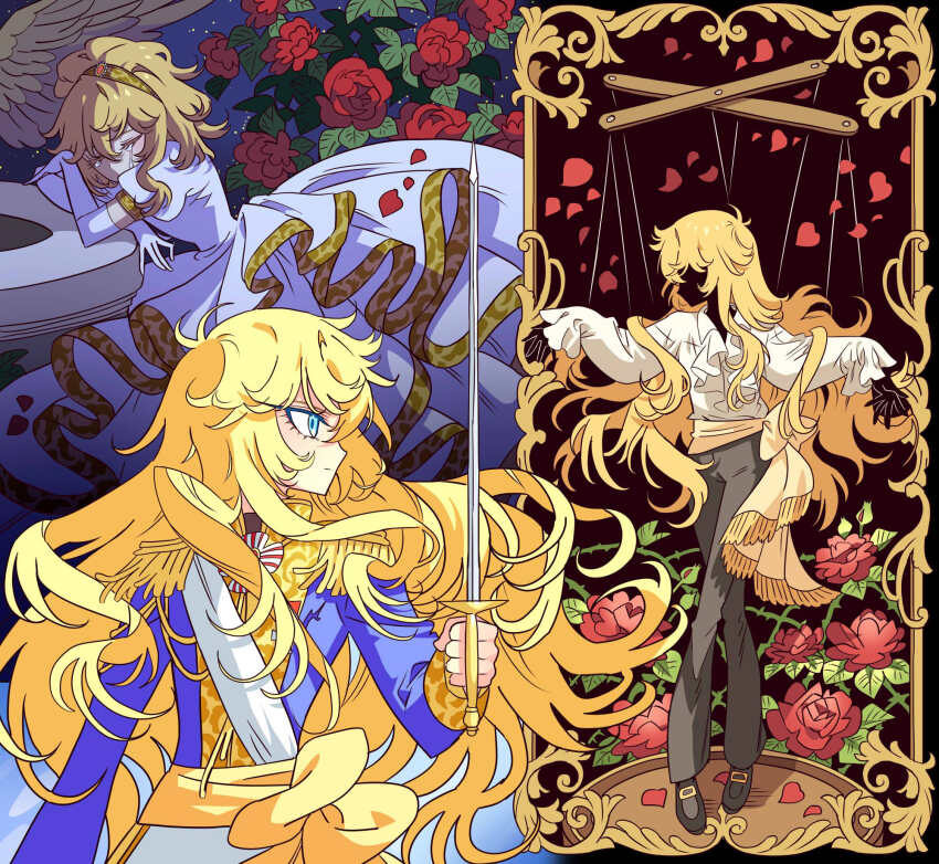 1girl black_pants blonde_hair blue_eyes blue_jacket crying dress floating_hair highres holding holding_sword holding_weapon jacket long_dress long_hair long_sleeves meremero oscar_francois_de_jarjayes pants profile puppet_strings rapier shirt solo sword tears versailles_no_bara very_long_hair weapon white_dress white_shirt