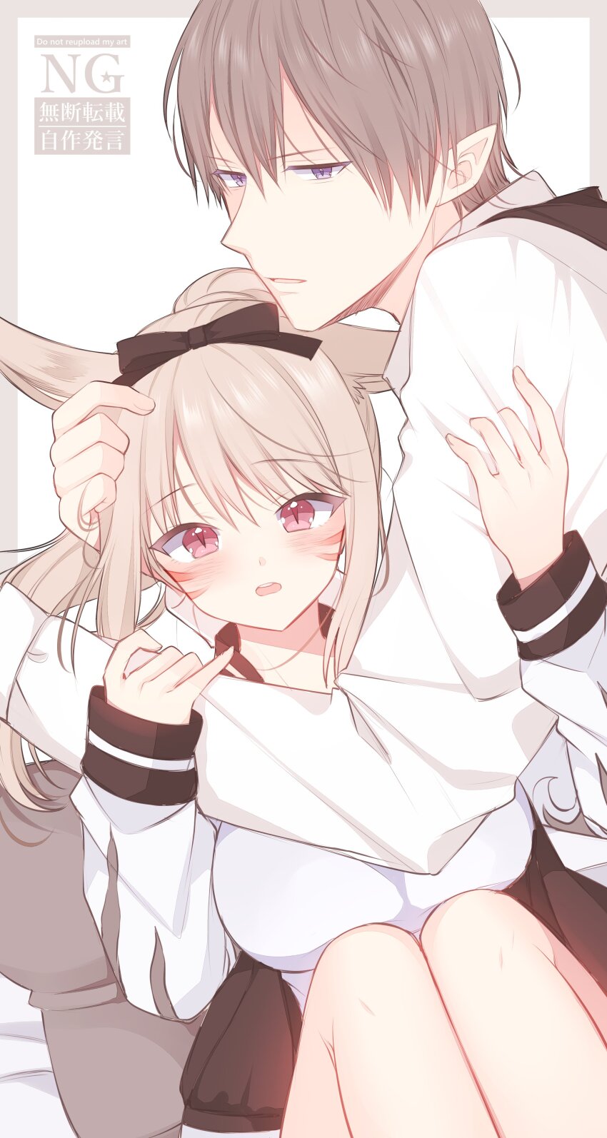 1boy 1girl absurdres animal_ears ayamisiro blue_eyes blush bow brown_hair cat_ears cat_girl collared_shirt elezen elf facial_mark final_fantasy final_fantasy_xiv hair_bow highres hug jacket long_sleeves miqo&#039;te pointy_ears ponytail red_eyes shirt warrior_of_light_(ff14) whisker_markings white_shirt