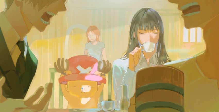 2girls 3boys antlers black_hair black_suit blank_eyes blue_nose blunt_bangs closed_eyes collared_shirt cross cup formal_clothes hat hhyy090 holding holding_cup horns long_hair multiple_boys multiple_girls nami_(one_piece) nico_robin one_piece orange_hair pink_hat reindeer_antlers roronoa_zoro sanji_(one_piece) shirt short_hair sitting suit tony_tony_chopper white_shirt