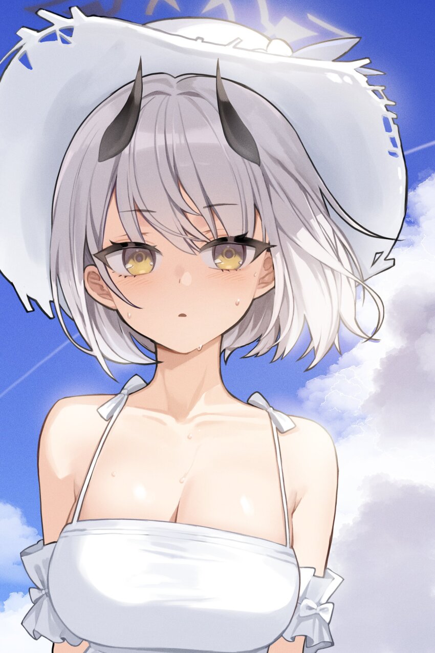 1girl absurdres armband black_horns blue_archive blue_sky breasts cleavage commentary ddungddang dress frilled_armband frills grey_halo halo hat highres horns looking_to_the_side medium_breasts official_alternate_costume official_alternate_hairstyle outdoors sena_(blue_archive) sena_(casual)_(blue_archive) short_hair sky solo sun_hat sundress sweatdrop white_armband white_dress white_hair yellow_eyes