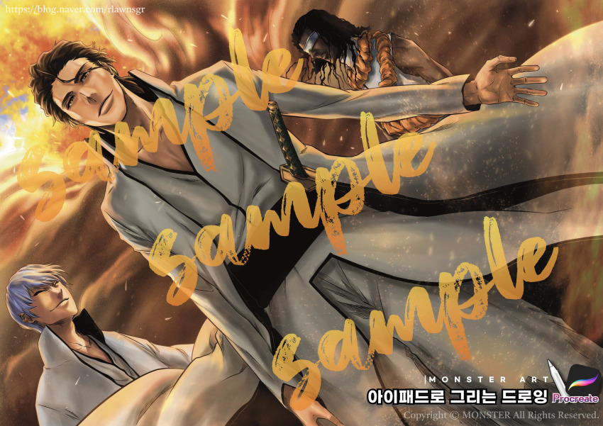 3boys aizen_sousuke arm_at_side artist_name black_hair bleach brown_eyes brown_hair closed_eyes closed_mouth coat collarbone collared_coat commentary dark-skinned_male dark_skin dutch_angle feet_out_of_frame fire floating_hair glasses grey_hair hair_between_eyes hair_slicked_back highres ichimaru_gin katana light_particles lips long_sleeves looking_at_viewer male_focus mature_male medium_hair monster_art_(rlawnsgr7) multiple_boys open_clothes open_coat outstretched_hand procreate_(medium) sample_watermark short_hair smile spiked_hair standing sword tousen_kaname tsurime watermark weapon web_address white_coat
