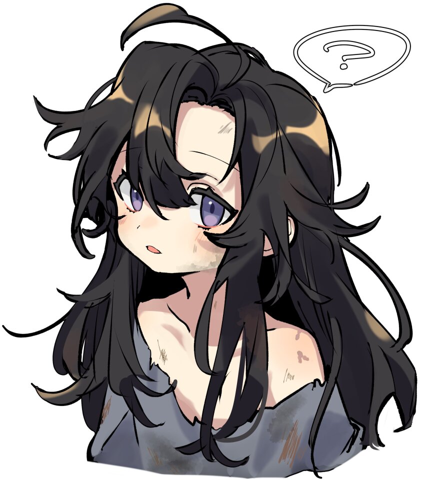 1boy ? absurdres aged_down ahoge alternate_costume alternate_hairstyle bare_shoulders bentuudayo black_hair blush collarbone cropped_torso dirty dirty_clothes dirty_face grey_robe hair_between_eyes hair_down highres long_hair looking_at_viewer male_focus messy_hair modao_zushi off_shoulder open_mouth parted_lips purple_eyes robe sidelocks simple_background single_bare_shoulder solo speech_bubble spoken_question_mark torn_clothes upper_body wei_wuxian white_background
