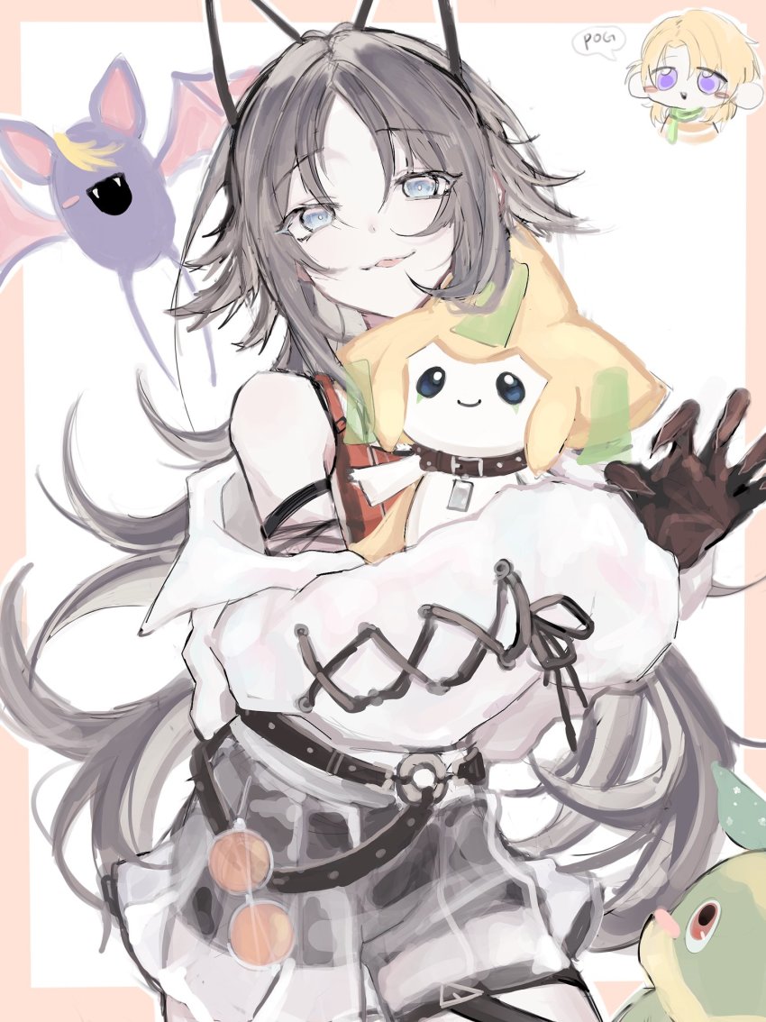 2boys animal_collar animal_ears aqua_eyes bare_shoulders bat_(animal) black_gloves black_ribbon border brown_hair chibi chibi_inset closed_mouth collar commentary cowboy_shot cross-laced_clothes cross-laced_sleeves crossover dog_tags english_commentary eyelashes fake_animal_ears fox_ears gen_1_pokemon gen_3_pokemon gen_4_pokemon gloves highres holding holding_pokemon jacket jirachi legendary_pokemon long_hair long_sleeves looking_at_viewer luca_kaneshiro male_focus multiple_boys mysta_rias mythical_pokemon nijisanji nijisanji_en nintendo o-ring off_shoulder open_clothes open_jacket orange_border orange_shirt outside_border parted_bangs pokemon pokemon_(creature) puffy_long_sleeves puffy_sleeves ribbon shirt sidelocks sketch sleeveless sleeveless_shirt smile solo_focus standing tongue tongue_out toqha3247 turtwig very_long_hair virtual_youtuber white_background white_jacket zubat