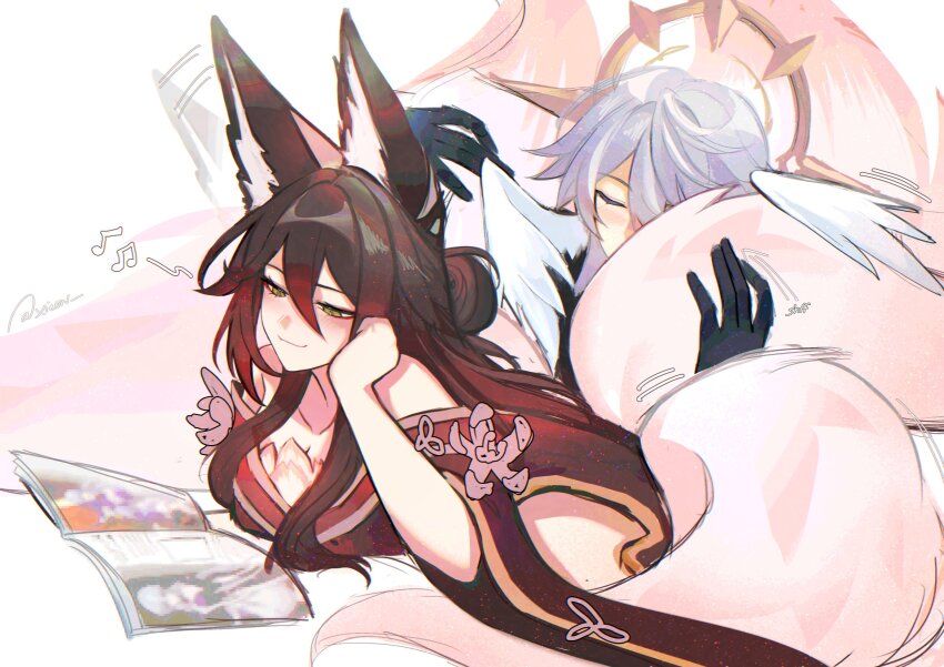 1boy 1girl albedo_(xieow) animal_ears black_gloves brown_hair brown_kimono closed_eyes commentary couple english_commentary fox_ears fox_girl fox_tail fugue_(honkai:_star_rail) gloves green_eyes grey_hair hair_bun half-closed_eyes halo head_rest head_wings hetero highres holding_another&#039;s_tail honkai:_star_rail honkai_(series) japanese_clothes kimono long_hair long_sleeves looking_down lying magazine_(object) multiple_girls musical_note on_stomach reading robin_(honkai:_star_rail) sidelocks signature simple_background smile spoken_musical_note sunday_(honkai:_star_rail) tail tingyun_(honkai:_star_rail) white_background wings