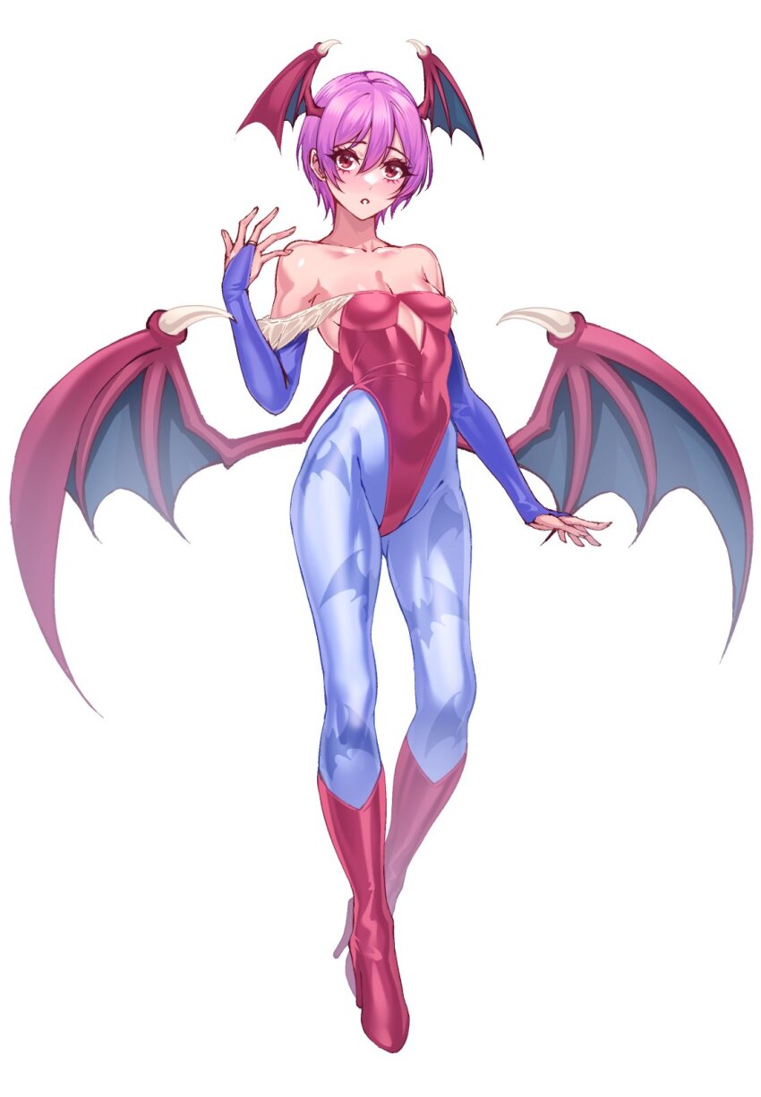 1girl animal_print bare_shoulders bat_print bat_wings blue_pantyhose boots breasts bridal_gauntlets clothing_cutout commentary darkstalkers demon_girl diamond_cutout english_commentary full_body head_wings highleg highleg_leotard highres leotard lilith_(darkstalkers) looking_at_viewer off-shoulder_leotard pantyhose print_pantyhose purple_hair red_boots red_eyes red_leotard short_hair simple_background small_breasts solo volyz white_background wings