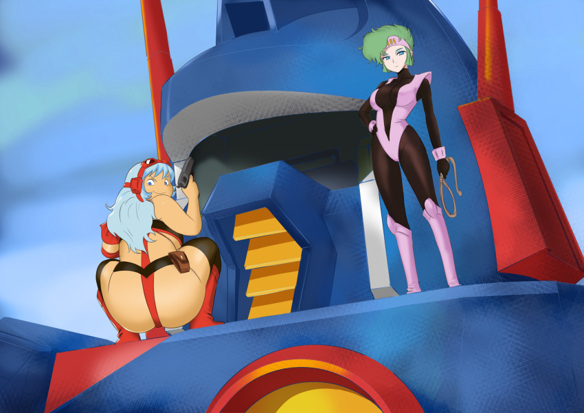 2girls ass black_bodysuit black_thighhighs blue_eyes blue_hair bodysuit boots breasts elchi_cargo goggles goggles_on_head green_hair greta_karas gun headband highres holding holding_gun holding_weapon holding_whip kamitsuki_manmaru light_blue_hair long_hair looking_at_viewer mecha medium_breasts mole mole_under_eye multiple_girls outdoors pink_bodysuit pink_boots pink_headband plump pouch red_footwear robot sentou_mecha_xabungle sidelocks squatting thighhighs two-tone_bodysuit weapon whip wrist_cuffs xabungle_(mecha)