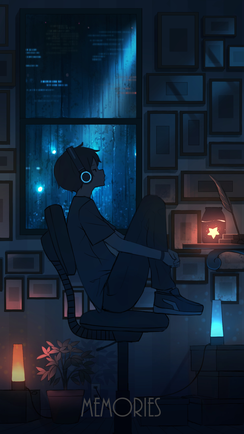 1boy absurdly_detailed_composition absurdres black_hair chair clip_studio_paint_(medium) closed_eyes drawing_(object) headphones highres hugging_own_legs indoors lava_lamp loaded_interior male_focus night original pasoputi plant potted_plant profile rain scenery shirt sitting star_(symbol) t-shirt window wristband