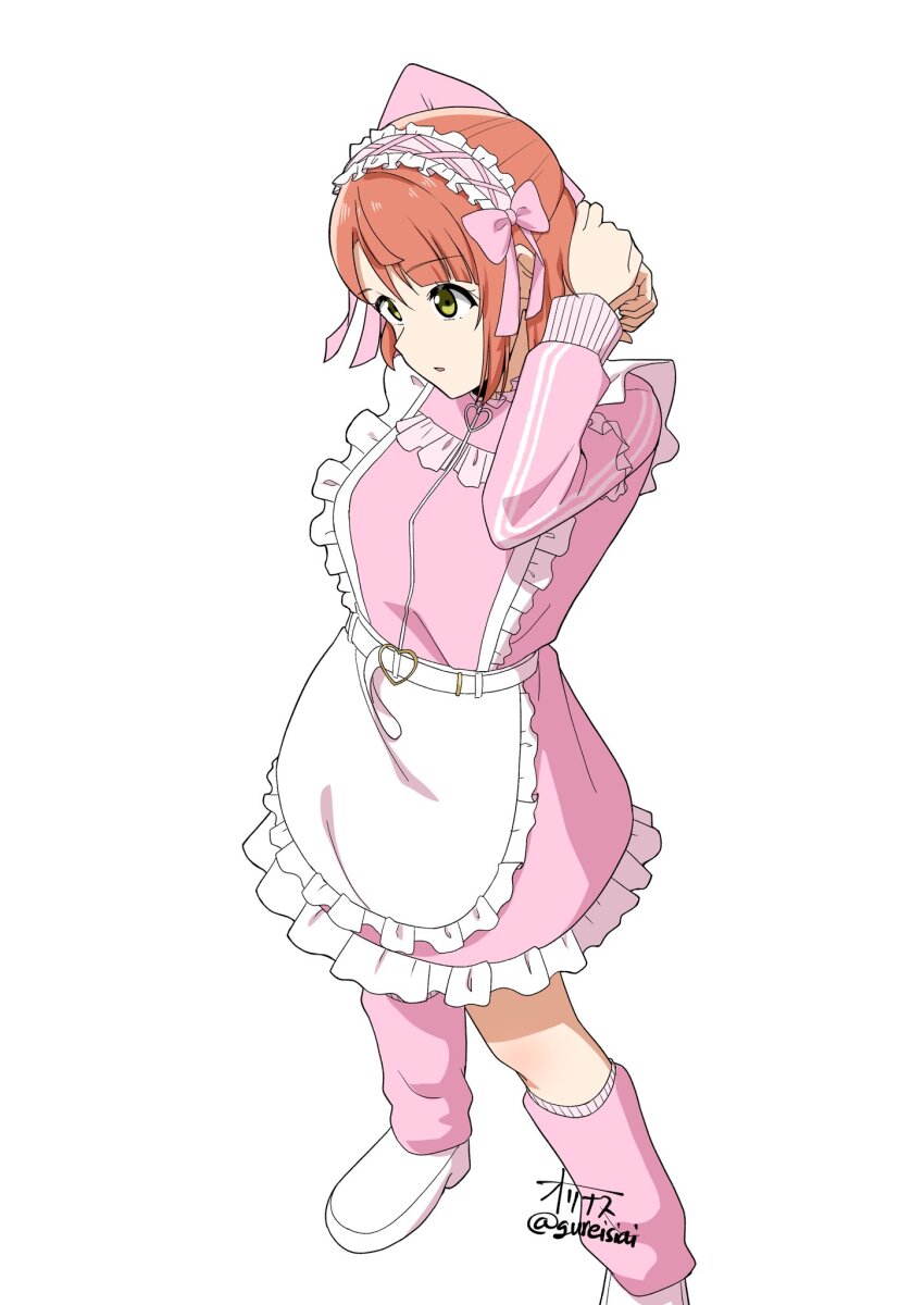 1girl arms_up artist_name commentary_request dress foot_out_of_frame frilled_dress frills half_updo highres jersey_maid leg_warmers long_sleeves love_live! love_live!_nijigasaki_high_school_idol_club maid maid_headdress medium_hair official_alternate_costume ohrinas orange_hair pink_dress pink_leg_warmers shoes short_dress signature simple_background solo standing twitter_username tying_hair uehara_ayumu unconventional_maid white_background white_shoes yellow_eyes