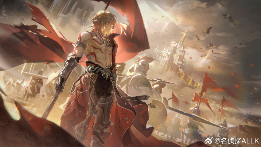 6+boys armlet armor armored_boots army bare_pectorals black_coat black_pants blonde_hair boots braid chest_tattoo chinese_commentary clawed_gauntlets coat commentary_request earrings facial_tattoo flag gold_armlet gold_earrings gold_necklace gradient_hair hair_between_eyes highres holding holding_flag holding_polearm holding_weapon honkai:_star_rail honkai_(series) jewelry male_focus medium_hair ming_zhentan_allk multicolored_hair multiple_boys mydei_(honkai:_star_rail) necklace open_clothes open_coat pants pauldrons pectorals people polearm red_flag red_hair red_tattoo shoulder_armor side_braid single_pauldron tattoo toned toned_male watermark weapon weibo_watermark yellow_eyes