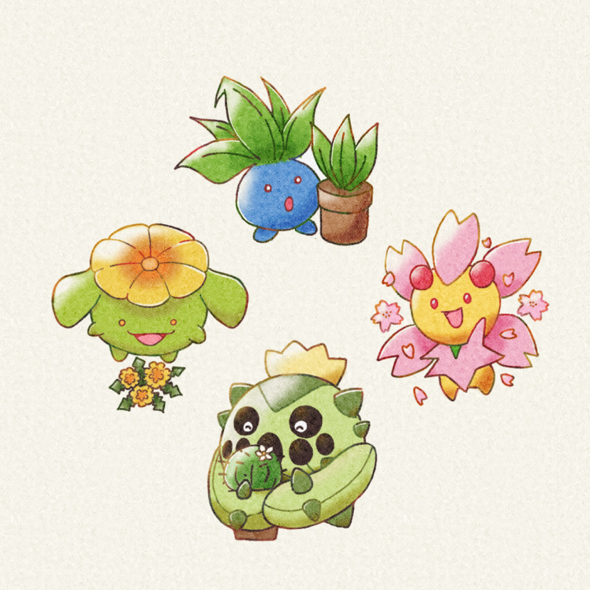 bright_pupils cacnea cactus cherrim cherrim_(sunshine) cherry_blossoms commentary_request flower full_body game_freak gen_1_pokemon gen_2_pokemon gen_3_pokemon gen_4_pokemon highres looking_at_flowers nintendo no_humans oddish open_mouth plant pokemon pokemon_(creature) potted_plant red_eyes rio_(rio0v0o) simple_background skiploom white_background white_pupils yellow_flower