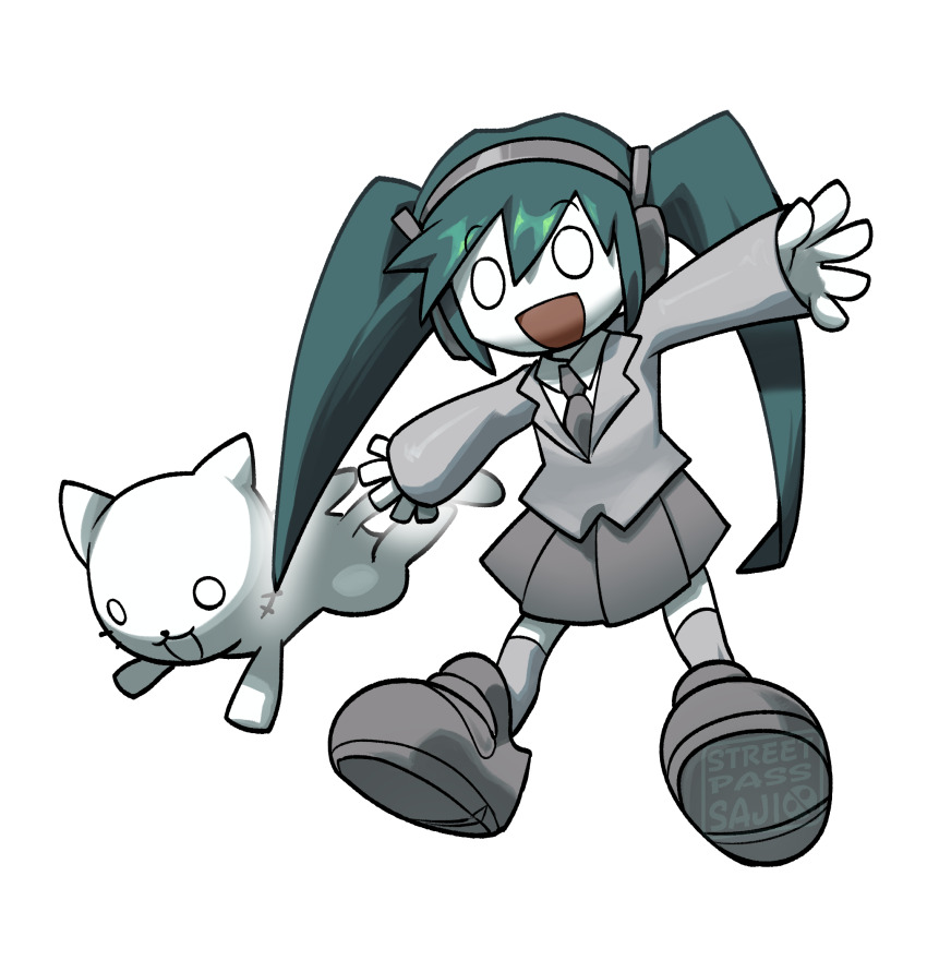 0_0 1girl cat chibi commentary english_commentary grey_jacket grey_necktie grey_skirt hatsune_miku hatsune_miku_(saihate) headphones highres inktaru jacket long_sleeves necktie open_mouth outstretched_arms pleated_skirt saihate_(vocaloid) shoes skirt sleeves_past_wrists smile twintails vocaloid