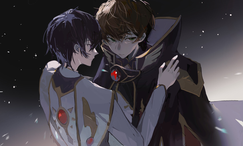 2boys absurdres black_hair black_jacket brown_hair chinese_commentary closed_mouth code_geass commentary_request gold_trim green_eyes hand_on_another&#039;s_shoulder highres jacket kuma_(yoooooooo152) kururugi_suzaku lelouch_vi_britannia long_sleeves male_focus multiple_boys purple_eyes short_hair smile white_jacket