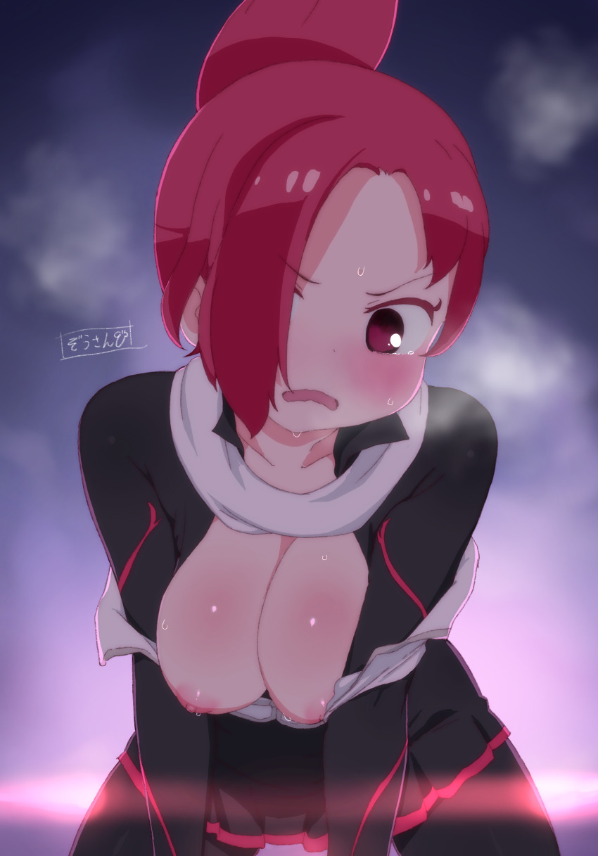 1girl blush breasts commentary folded_ponytail hair_over_one_eye heavy_breathing highres kemurikusa large_breasts long_sleeves looking_at_viewer masuyama_ryou nipples open_mouth pink_eyes ponytail red_hair rin_(kemurikusa) scarf short_hair solo sweat v-shaped_eyebrows wavy_mouth white_scarf