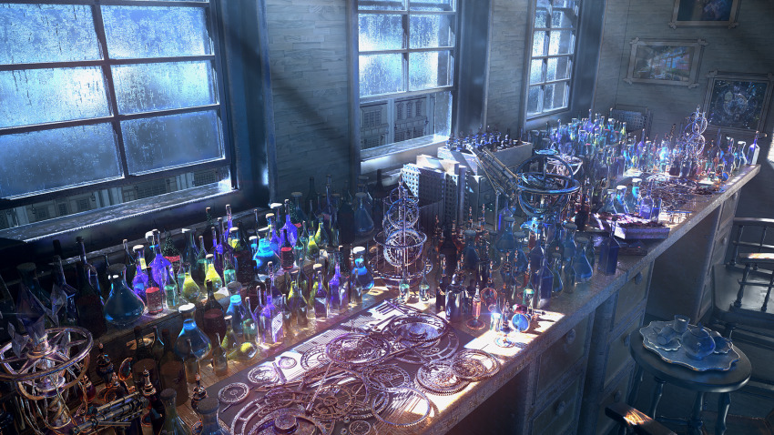3d armillary_sphere book bottle chair cork crystal cup drawing_(object) gears highres indoors k&amp;p_(kptseart) light_rays moonlight night no_humans original picture_frame saucer scenery table teacup teapot telescope tray window