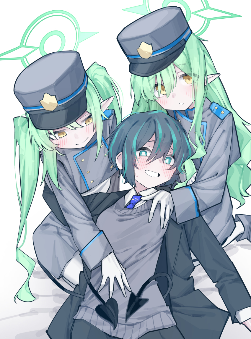 3girls absurdres blue_archive female_sensei_(blue_archive) gloves green_hair halo hat highres hikari_(blue_archive) lying multiple_girls nozomi_(blue_archive) pointy_ears sensei_(blue_archive) tail vivo_(vivo_sun_0222) white_gloves yuri