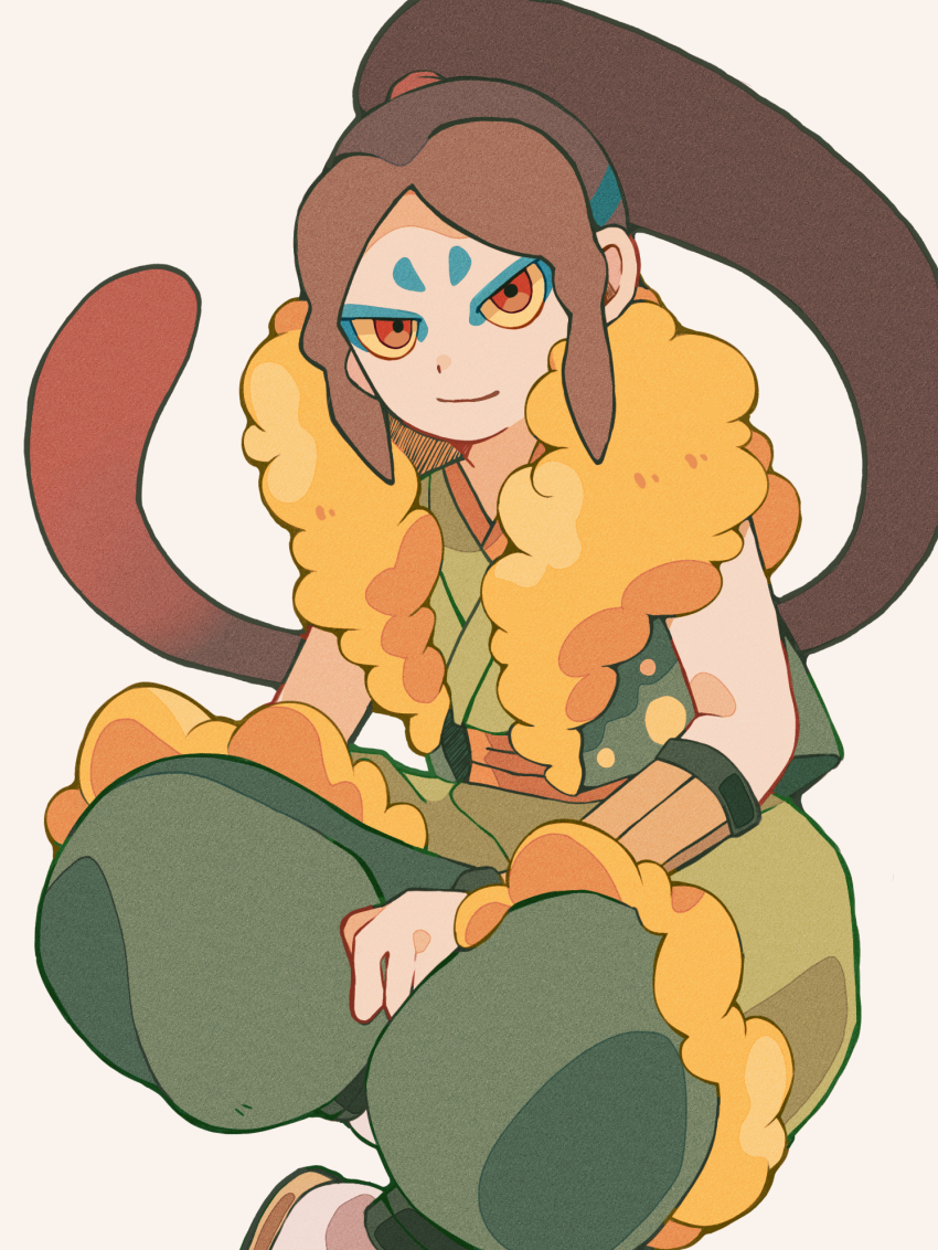 1boy arm_guards blue_eyeshadow brown_hair colored_sclera colored_skin eyeshadow facial_mark forehead_mark fur_trim gradient_hair high_ponytail highres japanese_clothes light_smile long_hair looking_at_viewer makeup male_focus multicolored_hair obi oogama_(youkai_watch) orange_sash ponytail red_eyes red_hair ron_(skfa8772) sash sidelocks sleeveless smile solo very_long_hair white_skin yellow_fur yellow_sclera youkai_(youkai_watch) youkai_watch youkai_watch_2
