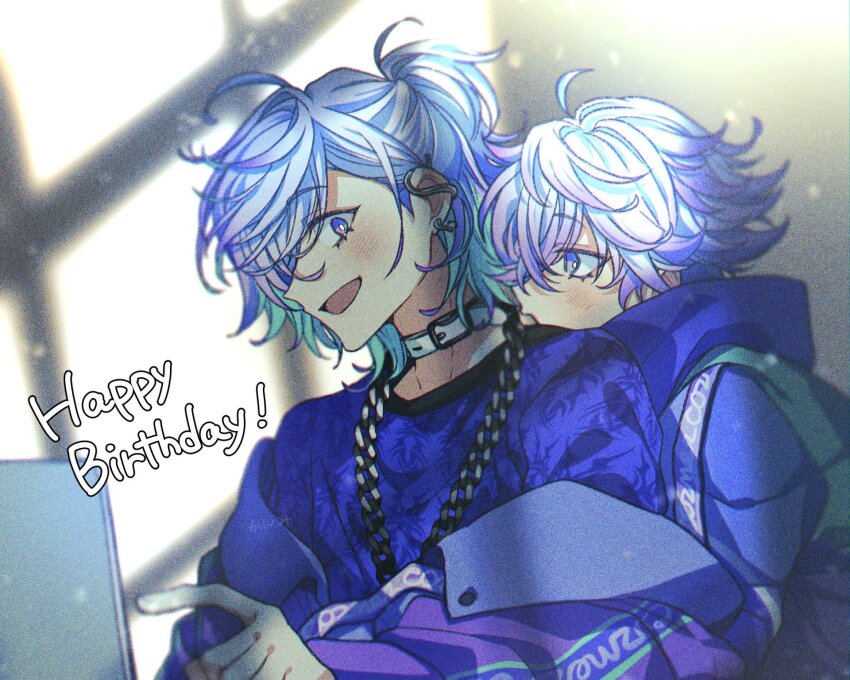 2boys ahoge aqua_hair brothers chain chain_necklace choker computer cozmez_(paradox_live) highres hug hug_from_behind inu_wanwan_002 jewelry laptop looking_at_another looking_back multicolored_hair multiple_boys necklace paradox_live phantometal_(paradox_live) ponytail purple_eyes purple_hair siblings twins white_choker yatonokami_kanata yatonokami_nayuta
