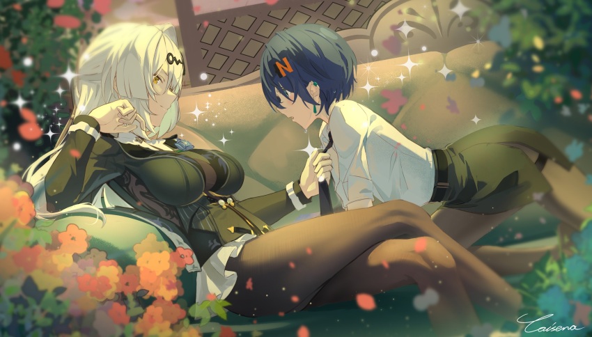 2girls belle_(zenless_zone_zero) black_pantyhose black_skirt black_unitard blue_flower blue_hair blue_rose blush bodystocking boutonniere breasts caisena couch crossed_legs flower flower_on_chest hair_ornament highres holding_necktie implied_yuri large_breasts letter_hair_ornament long_hair looking_at_another miniskirt multiple_girls official_alternate_costume on_couch pantyhose pencil_skirt rose single_hair_intake sitting skirt sweatdrop white_hair yellow_eyes yixuan_(trails_of_ink)_(zenless_zone_zero) yixuan_(zenless_zone_zero) zenless_zone_zero