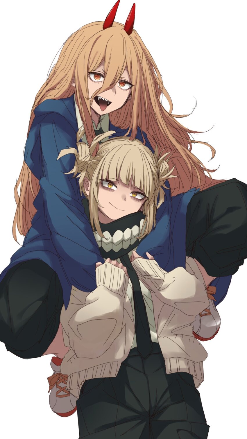 2girls :&gt; :d bags_under_eyes black_pants blonde_hair blue_jacket blunt_bangs boku_no_hero_academia cardigan chainsaw_man commentary_request crossover double_bun ginjaeru hair_bun highres horns jacket long_hair long_sleeves looking_at_viewer messy_hair multiple_girls open_mouth orange_eyes pants power_(chainsaw_man) red_horns sharp_teeth simple_background sitting_on_shoulder sleeves_past_wrists smile teeth toga_himiko tongue tongue_out v-shaped_eyebrows white_background yellow_cardigan yellow_eyes