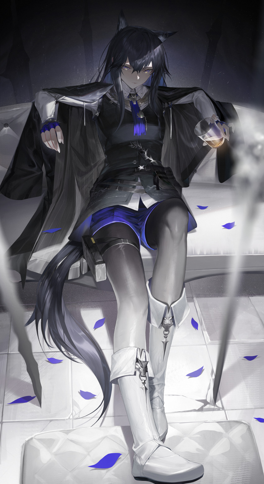 1girl absurdres animal_ear_fluff animal_ears arknights black_cape black_coat black_hair black_pantyhose black_vest blue_gloves blue_necktie blue_shorts cape coat coat_on_shoulders commentary_request couch cup double-parted_bangs fingerless_gloves full_body gloves gradient_eyes highres holding holding_cup holster long_hair long_sleeves looking_at_viewer multicolored_eyes necktie on_couch pantyhose pantyhose_under_shorts shorts sidelocks sitting solo sword tail texas_(arknights) texas_the_omertosa_(arknights) thigh_holster tmt vest weapon white_footwear wolf_ears wolf_girl wolf_tail