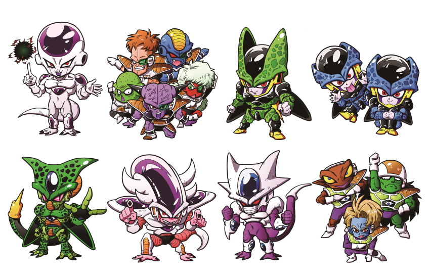 3rd_form_frieza 6+boys :p alien android arm_up armor bald blue_skin body_armor boots brown_hair burter captain_ginyu cell_(dragon_ball) cell_junior chibi clenched_hands colored_sclera colored_skin cooler cooler&#039;s_armored_squadron cooler_(dragon_ball) dark-skinned_male dark_skin doore dragon_ball dragonball_z energy_ball evil_grin evil_smile fang fifth_form_(dragon_ball) final_form_frieza frieza ginyu_force_pose gloves green_skin grin guldo highres horns index_finger_raised iron_tonic jeice looking_at_viewer male_focus mini_person miniboy multiple_boys muscular neiz perfect_cell purple_skin raised_fist recoome red_eyes red_skin salza scouter shinomiya_akino simple_background slit_pupils smile spikes tail teeth tongue tongue_out triangle_mouth veins white_background white_hair yellow_sclera