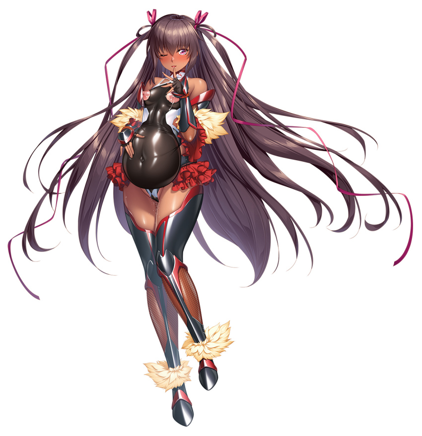 1girl absurdly_long_hair aoi_nagisa_(metalder) bare_shoulders black_leotard blush boots breasts breasts_out brown_hair covered_navel dark-skinned_female dark_skin elbow_gloves fingerless_gloves fishnets frilled_leotard frills full_body gloves hair_ribbon highres impossible_clothes impossible_leotard lactation leotard long_hair long_twintails looking_at_viewer mizuki_yukikaze official_art one-piece_tan one_eye_closed pink_eyes pregnant pussy_juice revealing_clothes ribbon shiny_clothes shiny_skin simple_background skin_tight small_breasts smile solo standing taimanin_(series) taimanin_rpgx taimanin_suit taimanin_yukikaze tan tanline thigh_boots thighhighs thong_leotard twintails very_long_hair white_background