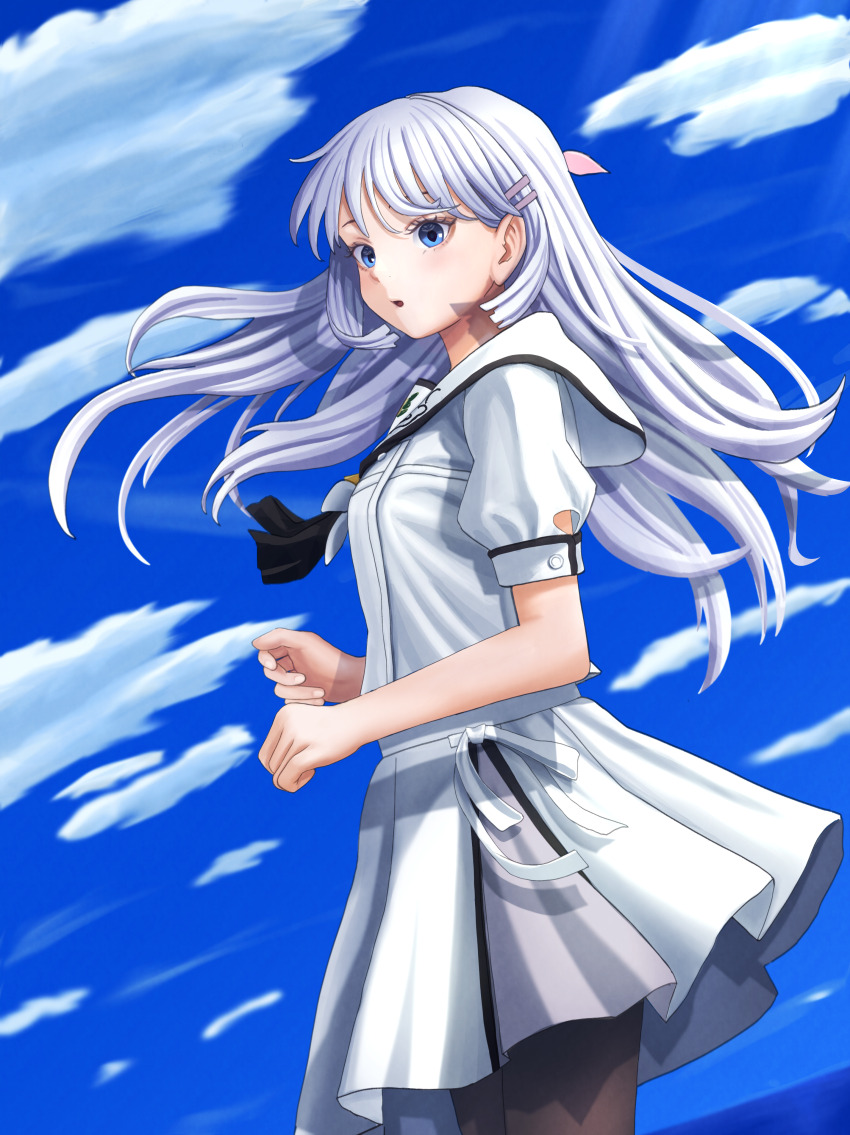 1girl =_hair_ornament absurdres ascot black_ascot black_pantyhose blue_eyes blue_sky blunt_ends clenched_hands cloud commentary_request cowboy_shot day eyebrows_hidden_by_hair eyelashes floating_hair from_side hair_between_eyes hair_ornament hairclip hands_up highres light_blush long_hair looking_at_viewer molqs78gzd27169 naruse_shiroha open_mouth outdoors pantyhose puffy_short_sleeves puffy_sleeves ribbon sailor_collar school_uniform serafuku shirt short_sleeves sidelocks skirt sky solo summer_pockets summer_pockets_school_uniform white_hair white_ribbon white_sailor_collar white_serafuku white_shirt white_skirt