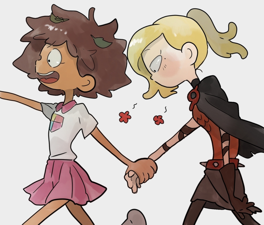 2girls amphibia anne_boonchuy armor asymmetrical_bangs blonde_hair blush breastplate brown_hair cape dark-skinned_female dark_skin from_side gloves happy highres holding_hands leaf leaf_on_head looking_afar looking_down mole mole_under_eye multiple_girls no_mouth open_mouth pants pants_under_skirt pleated_skirt ponytail purple_skirt samui522 sasha_waybright school_uniform short_hair single_glove sjms_school_uniform skirt smile spiked_belt teeth toad_armor_(amphibia) upper_teeth_only walking white_background yuri