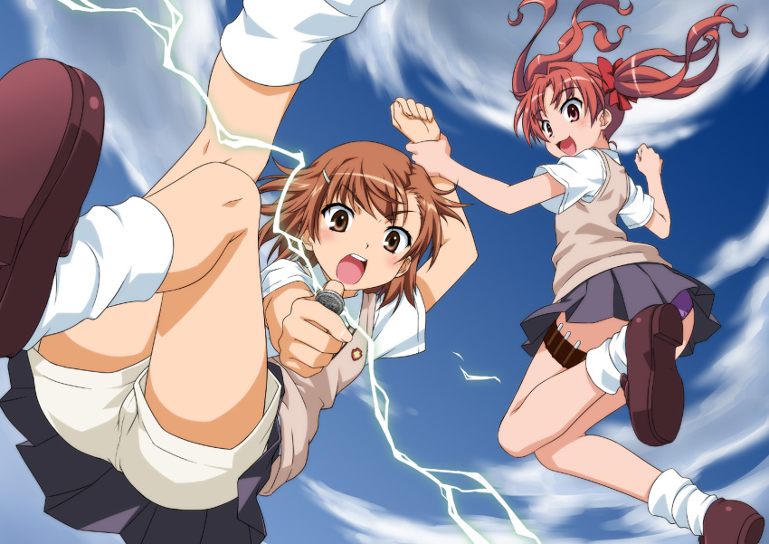 2girls aiming aiming_at_viewer akou_roushi ass blush bow brown_eyes brown_hair coin electricity electrokinesis hair_bow hair_ornament hairclip highres loafers long_hair looking_at_viewer misaka_mikoto multiple_girls open_mouth panties pantyshot purple_panties red_eyes red_hair revision school_uniform shirai_kuroko shoes short_hair short_shorts shorts shorts_under_skirt skirt smile socks thigh_strap toaru_kagaku_no_railgun toaru_majutsu_no_index twintails underwear white_legwear