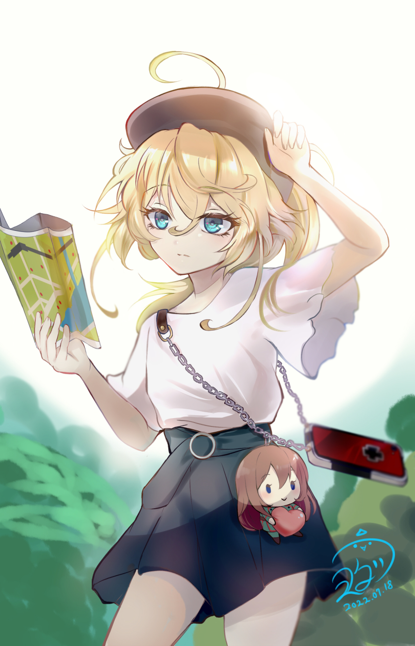 absurdres ahoge blonde_hair blue_eyes cellphone cowboy_shot highres holding holding_map map outdoors phone shirt skirt tanya_degurechaff viktoriya_ivanovna_serebryakov white_shirt wide_sleeves youda_(seravichacha) youjo_senki