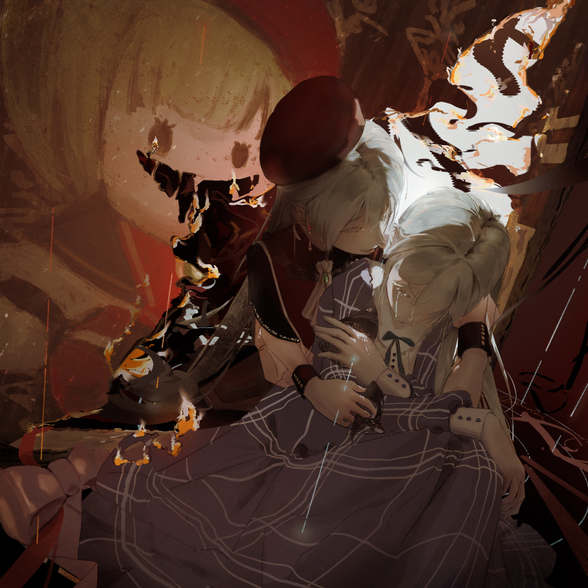 2girls absurdres bang_dream! bang_dream!_it&#039;s_mygo!!!!! beret black_capelet blue_dress burning burning_clothes capelet chinese_commentary commentary_request crying dernw_(verh2245) dress dual_persona fire green_hair hat highres long_hair long_sleeves mixed-language_commentary mortis_(bang_dream!) mortis_(costume)_(bang_dream!) mortis_(persona)_(bang_dream!) multiple_girls plaid_clothes plaid_dress red_hat wakaba_mutsumi wakaba_mutsumi_(doll)