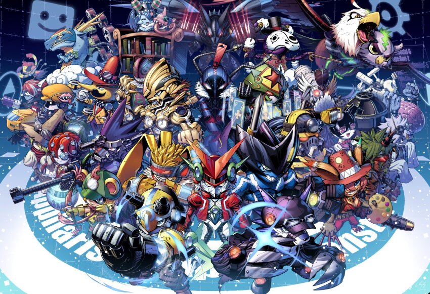 appmon arrow_(projectile) bootmon bow_(weapon) bramon coachmon consulmon coordemon craftmon dezipmon digimon docmon dogatchmon dosukomon dreammon effecmon gossipmon hat highres libramon logamon looking_at_viewer mask mediamon medicmon mienumon raidramon roamon sakusimon sasasi scorpmon smile sociamon sukasimon tarotmon timemon tripmon uratekumon vegasmon warpmon weapon weatherdramon