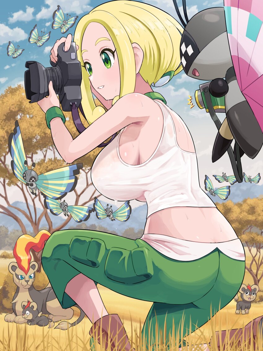 1girl absurdres ass blonde_hair boots breasts brown_footwear butt_crack camera crop_top day gen_6_pokemon grass green_eyes green_pants highres holding holding_camera huge_ass kneeling large_breasts litleo medium_hair nintendo outdoors pants pokemoa pokemon pokemon_xy pyroar pyroar_(female) shirt sidelocks smile sweat taking_picture tree viola_(pokemon) vivillon white_shirt