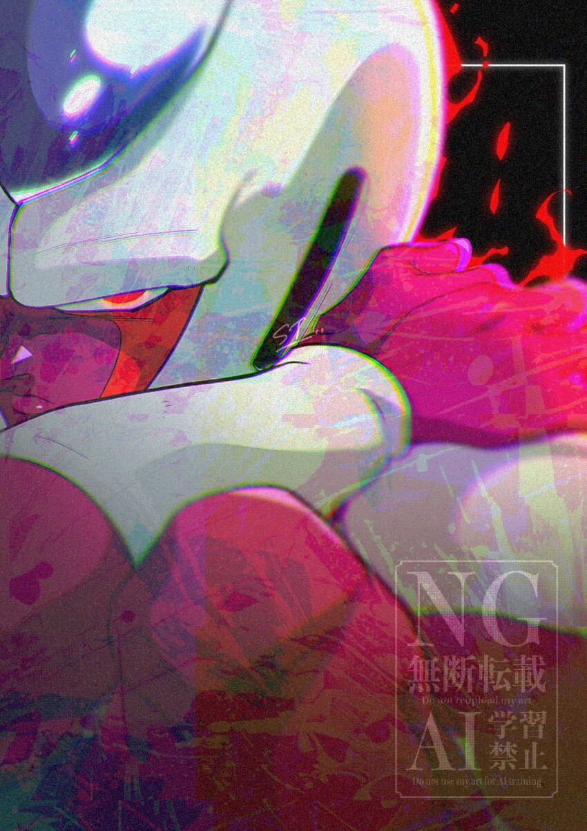 1boy aura black_background close-up colored_skin cooler_(dragon_ball) dragon_ball dragonball_z forehead_jewel highres purple_skin red_eyes simple_background solo stktik09060906 watermark