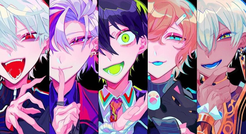 5boys aegyo_sal animal aqua_eyes aqua_tongue bandaged_hand bandages black_background black_cat black_hair black_jacket blue_eyes blue_mouth brown_hair cat character_request closed_mouth collared_shirt colored_mouth dark-skinned_male dark_skin ear_piercing earrings fangs fingernails fuwa_minato fuwa_minato_(2nd_costume) green_eyes grey_hair grey_sweater hair_behind_ear hair_between_eyes hair_ornament half-closed_eyes hand_on_own_chin hand_up himanemuitoma holding holding_animal index_finger_raised jacket jewelry kanae_(1st_costume)_(nijisanji) kanae_(nijisanji) kenmochi_touya kuzuha_(nijisanji) long_sleeves looking_at_viewer lower_teeth_only male_focus multicolored_hair multiple_boys necktie nijisanji open_mouth parted_hair piercing portrait purple_eyes purple_hair purple_shirt red_eyes red_hair red_necktie ring shirt simple_background sleeves_past_wrists smile streaked_hair sweater teeth tongue tongue_out turtleneck turtleneck_jacket turtleneck_sweater virtual_youtuber white_hair white_shirt wide-eyed zipper