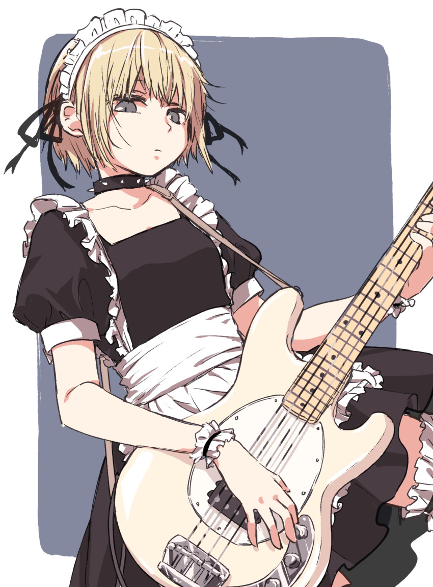 1girl apron bass_guitar black_dress blonde_hair choker collarbone commentary_request dress frilled_apron frilled_wrist_cuffs frills grey_eyes guitar_strap highres instrument kon_futaba maid maid_apron maid_headdress matsuda_hikari music_man_stingray puffy_short_sleeves puffy_sleeves short_hair short_sleeves solo soredemo_machi_wa_mawatteiru spiked_choker spikes standing thighhighs waist_apron white_apron wrist_cuffs zettai_ryouiki