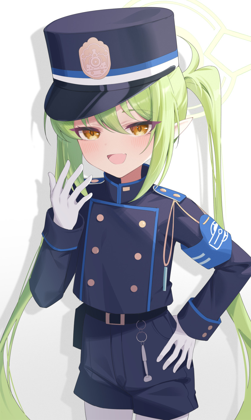 1girl absurdres armband belt belt_buckle black_belt blue_archive blue_armband blue_hat blue_jacket blue_shorts buckle buttons commentary_request cropped_jacket double-breasted fang gloves green_hair green_halo hair_between_eyes halo hat highres jacket jei_(user_tckk7448) long_hair long_sleeves looking_at_viewer nozomi_(blue_archive) open_mouth pantyhose pantyhose_under_shorts shako_cap shirt shorts skin_fang solo twintails very_long_hair white_background white_gloves white_pantyhose yellow_eyes