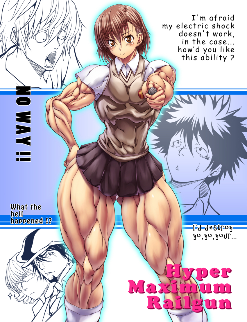 1girl 4boys aiming aiming_at_viewer alternate_muscle_size bare_arms biceps blush brown_eyes brown_hair brown_sweater brown_sweater_vest brown_vest character_request closed_mouth coin collared_shirt commentary emblem english_text feet_out_of_frame gluteal_fold grey_skirt hair_between_eyes hand_on_own_hip highres holding holding_coin kamijou_touma looking_at_viewer medium_hair miniskirt misaka_mikoto multiple_boys muscular muscular_female open_mouth outstretched_arm pleated_skirt purukogi_(plasma_beach) railgun_(misaka_mikoto) school_emblem shirt short_hair short_sleeves skirt sleeveless sleeveless_sweater smile socks spiked_hair summer_uniform surprised sweater sweater_vest thick_thighs thighs toaru_kagaku_no_railgun toaru_majutsu_no_index vest white_shirt white_socks wide-eyed