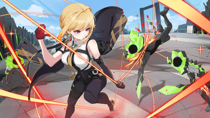 1girl absurdres armpit_peek bare_shoulders bikini blonde_hair braid braided_bun breasts chest_strap closed_mouth collarbone collared_shirt elbow_gloves ethereal_(zenless_zone_zero) evelyn_chevalier fighting fire gloves hair_bun high-waist_pants high_heels highres jacket large_breasts long_hair looking_at_another mokuren4 necktie pants purple_eyes shirt shoulder_strap single_elbow_glove sleeveless solo string_bikini swimsuit thigh_strap unworn_jacket yellow_necktie zenless_zone_zero